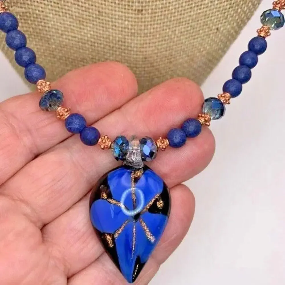 Vintage 90s Blown Glass Teardrop Flower Pendant Necklace 21in
